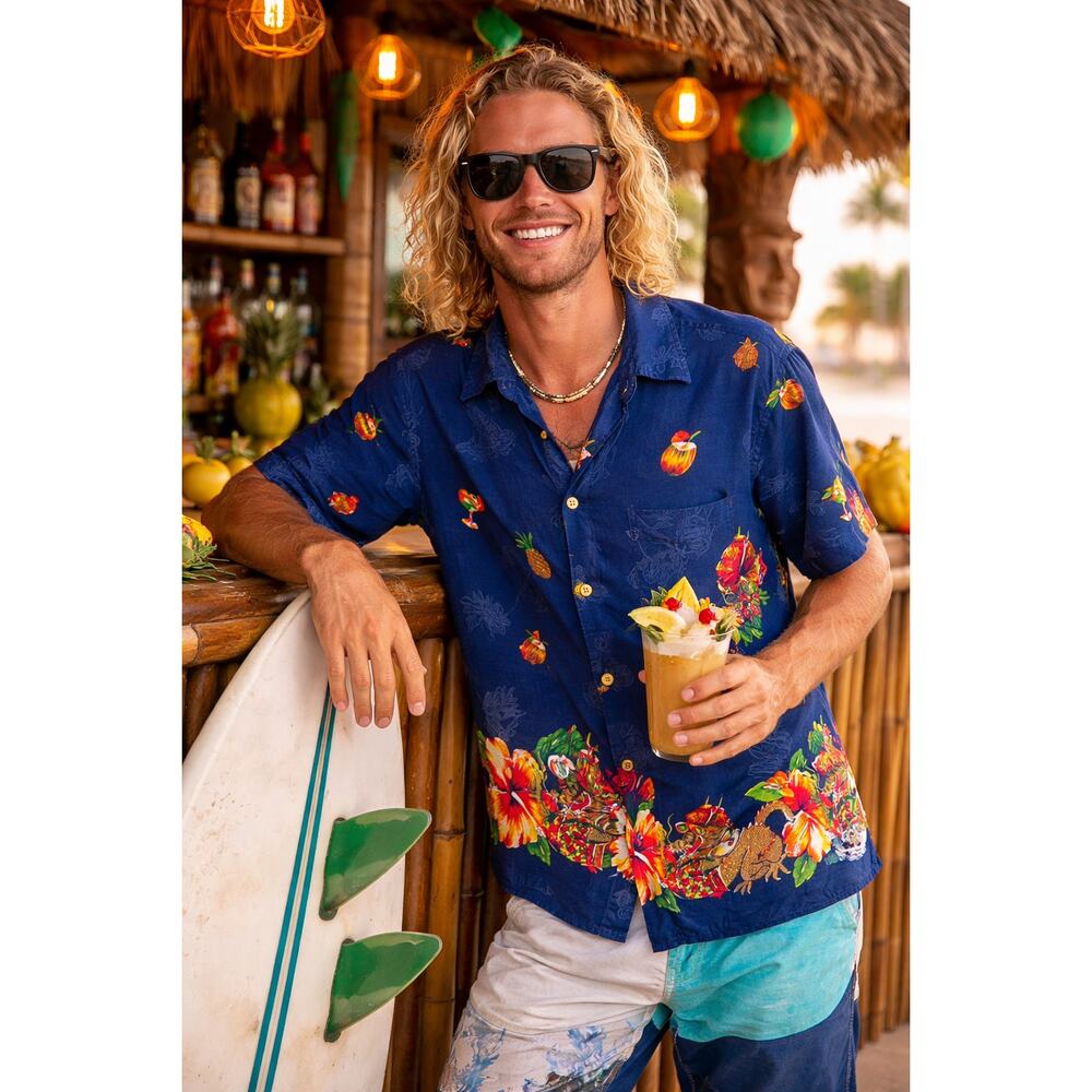 Vintage Kennington Hawaiian Shirt L Blue Rayon Cocktail Tiki Camp Collar Retro